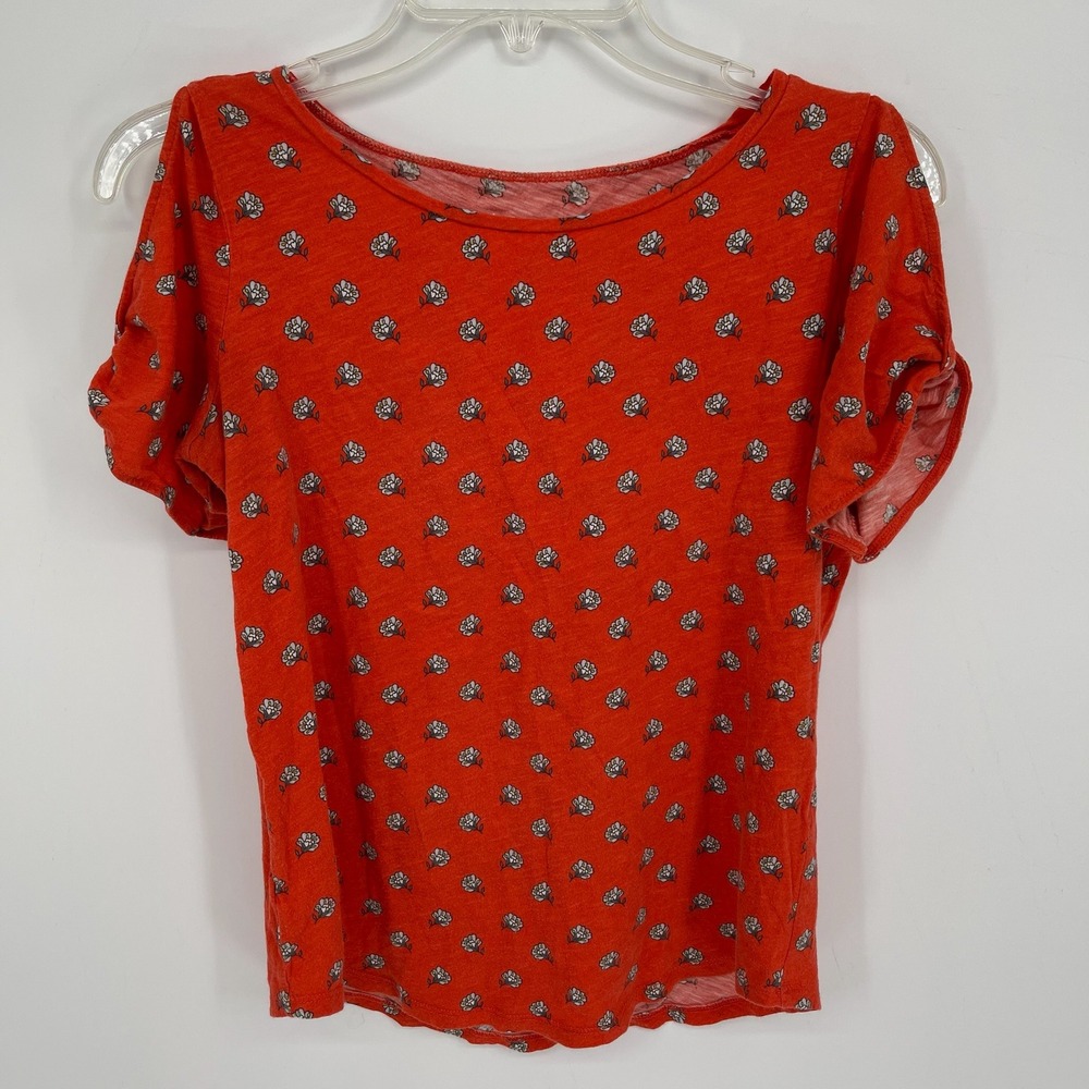 LOFT Women's Orange Floral Cold Shoulder Cotton‎ Short Sleeve Knit Top Size XS